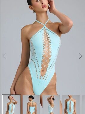 Oh Polly Lace-Up Halterneck Bodysuit in Ice Blue
